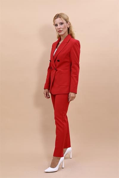 Cepli Şık Blazer Ceket & Dar Paça Pantolon Kadın Takım Elbise-Kırmızı
