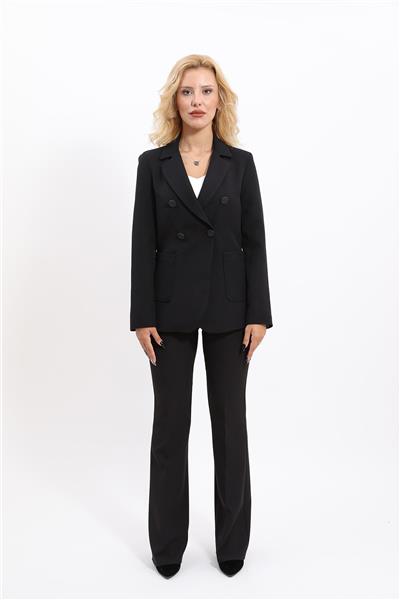 Cepli Şık Blazer Ceket  &  İspanyol Paça Pantolon Kadın Takım Elbise-Siyah