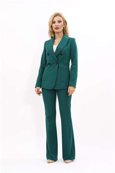 Cepli Şık Blazer Ceket  &  İspanyol Paça Pantolon Kadın Takım Elbise-Zümrüt