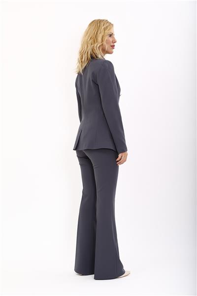 Cepli Şık Blazer Ceket  &  İspanyol Paça Pantolon Kadın Takım Elbise-Füme