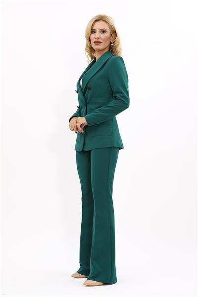 Cepli Şık Blazer Ceket  &  İspanyol Paça Pantolon Kadın Takım Elbise-Zümrüt