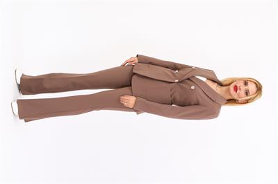 Cepli Şık Blazer Ceket  &  İspanyol Paça Pantolon Kadın Takım Elbise-Kahve