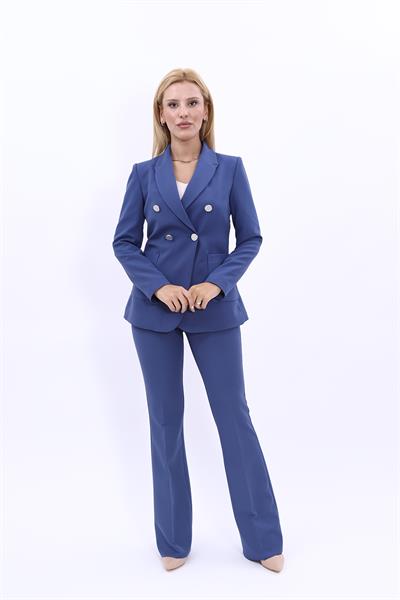 Cepli Şık Blazer Ceket  &  İspanyol Paça Pantolon Kadın Takım Elbise-İndigo
