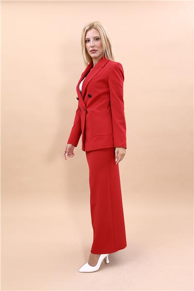 Cepli Şık Blazer Ceket & Uzun Kalem Etek Kadın Takım Elbise-Kırmızı