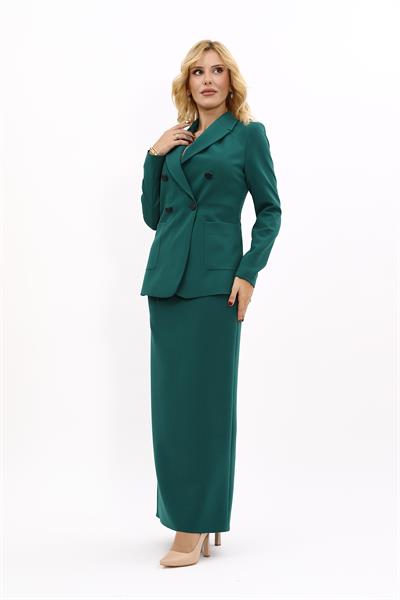 Cepli Şık Blazer Ceket & Uzun Kalem Etek Kadın Takım Elbise-Zümrüt
