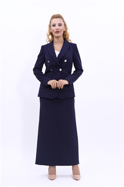 Cepli Şık Blazer Ceket & Uzun Kalem Etek Kadın Takım Elbise-Lacivert