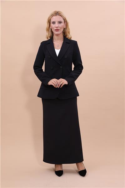 Cepli Şık Blazer Ceket & Uzun Kalem Etek Kadın Takım Elbise-Siyah
