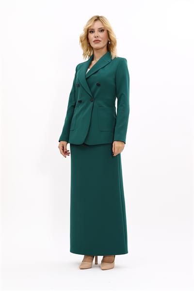 Cepli Şık Blazer Ceket & Uzun Kalem Etek Kadın Takım Elbise-Zümrüt