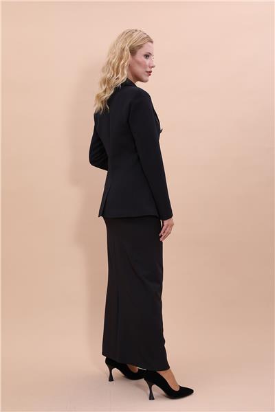 Cepli Şık Blazer Ceket & Uzun Kalem Etek Kadın Takım Elbise-Siyah