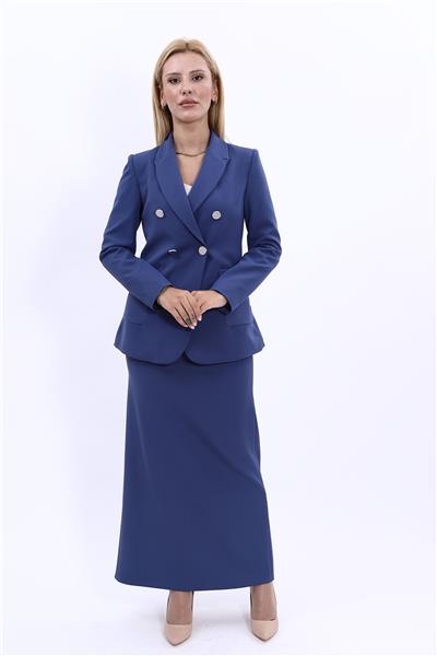 Cepli Şık Blazer Ceket & Uzun Kalem Etek Kadın Takım Elbise-İndigo