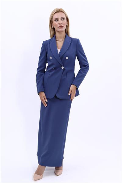Cepli Şık Blazer Ceket & Uzun Kalem Etek Kadın Takım Elbise-İndigo
