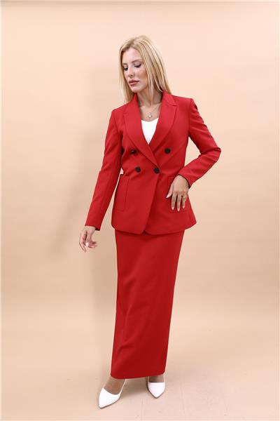 Cepli Şık Blazer Ceket & Uzun Kalem Etek Kadın Takım Elbise-Kırmızı