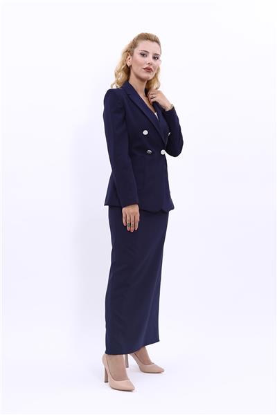 Cepli Şık Blazer Ceket & Uzun Kalem Etek Kadın Takım Elbise-Lacivert