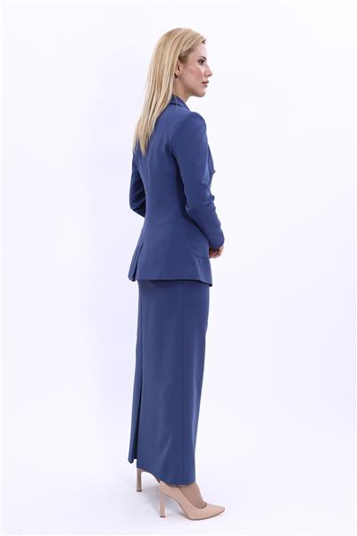 Cepli Şık Blazer Ceket & Uzun Kalem Etek Kadın Takım Elbise-İndigo