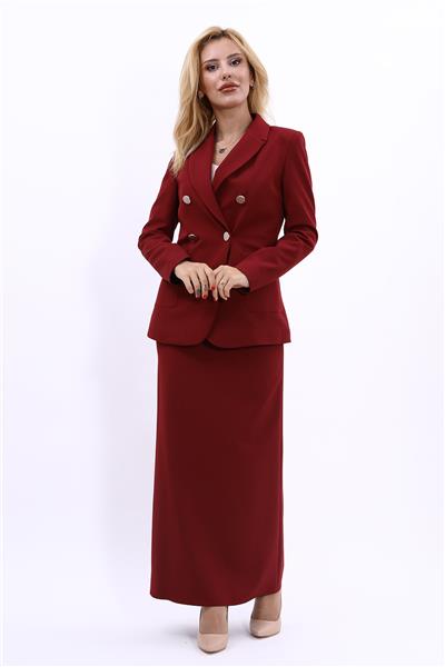 Cepli Şık Blazer Ceket & Uzun Kalem Etek Kadın Takım Elbise-Bordo