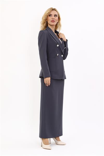 Cepli Şık Blazer Ceket & Uzun Kalem Etek Kadın Takım Elbise-Füme