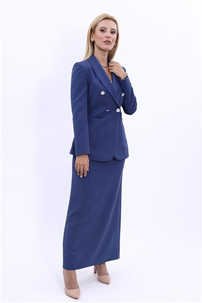 Cepli Şık Blazer Ceket & Uzun Kalem Etek Kadın Takım Elbise-İndigo