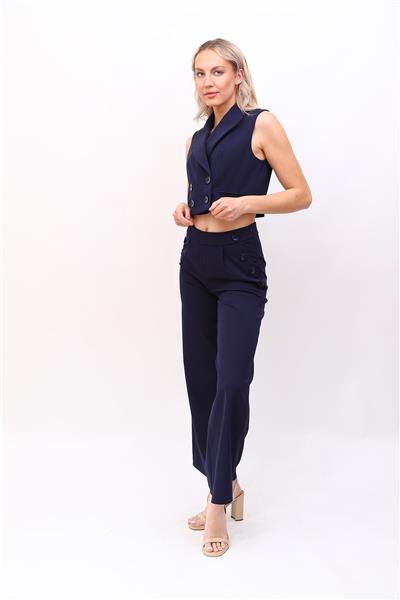 Crop Yelek & Düğmeli Bol Paça Pantolon Takım-Lacivert