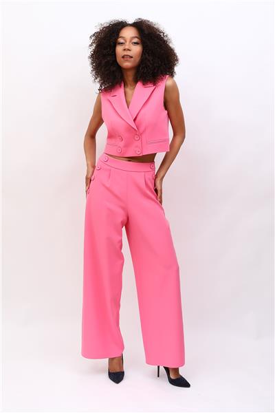 Crop Yelek & Düğmeli Bol Paça Pantolon Takım-Pembe