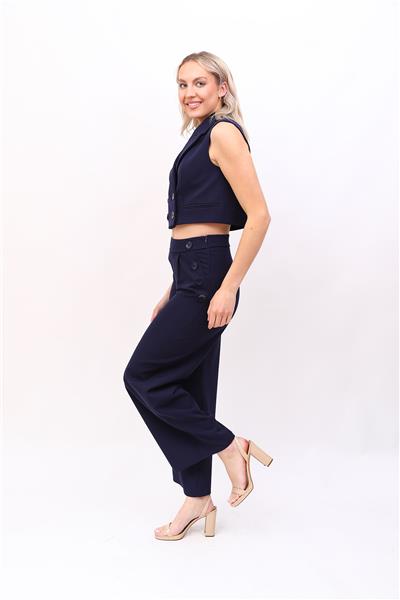 Crop Yelek & Düğmeli Bol Paça Pantolon Takım-Lacivert