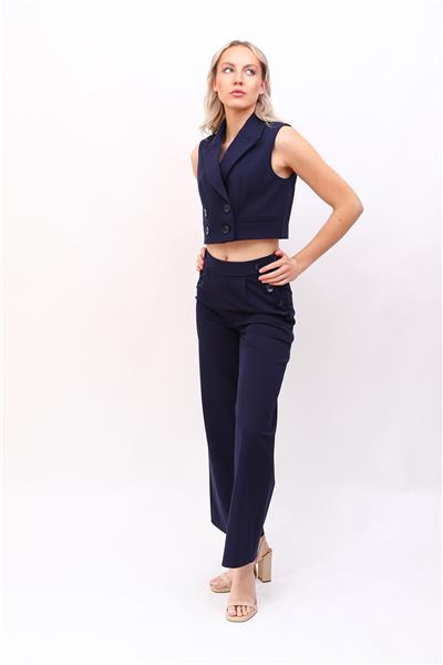 Crop Yelek & Düğmeli Bol Paça Pantolon Takım-Lacivert