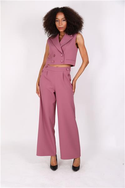 Crop Yelek & Düğmeli Bol Paça Pantolon Takım-Rose