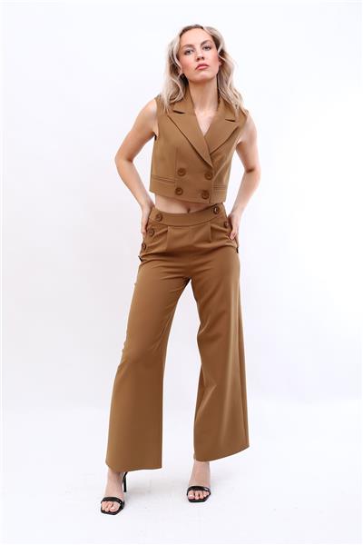 Crop Yelek & Düğmeli Bol Paça Pantolon Takım-Camel