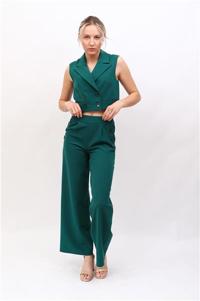 Crop Yelek & Düğmeli Bol Paça Pantolon Takım-Zümrüt