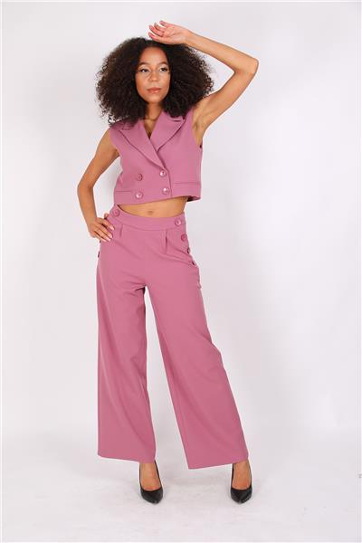 Crop Yelek & Düğmeli Bol Paça Pantolon Takım-Rose