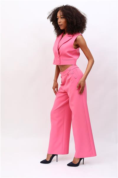 Crop Yelek & Düğmeli Bol Paça Pantolon Takım-Pembe