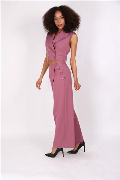 Crop Yelek & Düğmeli Bol Paça Pantolon Takım-Rose