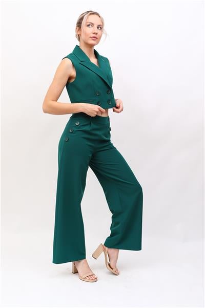 Crop Yelek & Düğmeli Bol Paça Pantolon Takım-Zümrüt