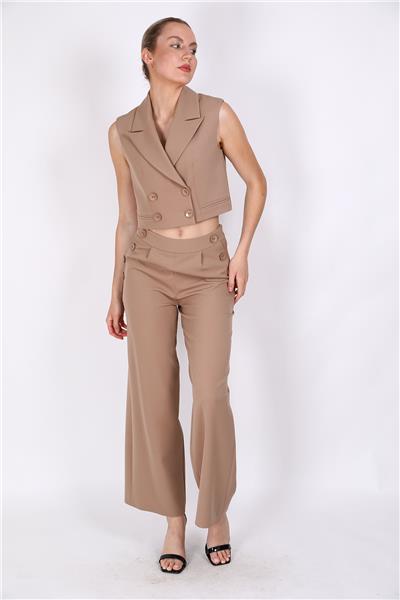 Crop Yelek & Düğmeli Bol Paça Pantolon Takım-Taş