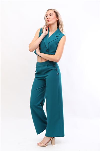 Crop Yelek & Düğmeli Bol Paça Pantolon Takım-Petrol