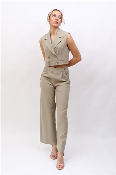 Crop Yelek & Düğmeli Bol Paça Pantolon Takım-Bambu