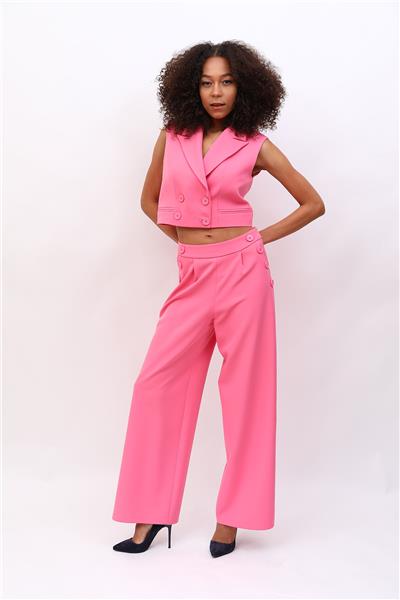 Crop Yelek & Düğmeli Bol Paça Pantolon Takım-Pembe