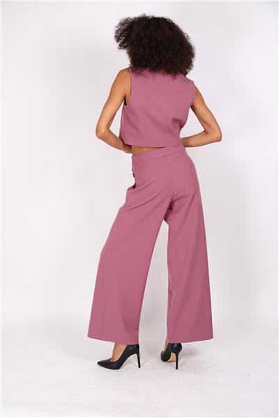 Crop Yelek & Düğmeli Bol Paça Pantolon Takım-Rose