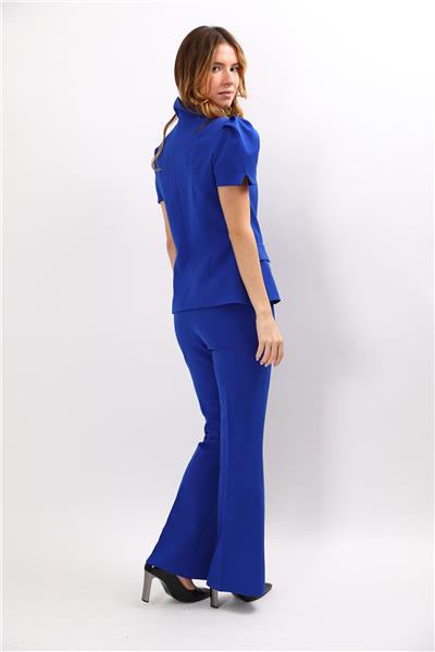 Dik Yaka Kısa Kollu Ceket & Kemerli İspanyol Paça Pantolon-Saks