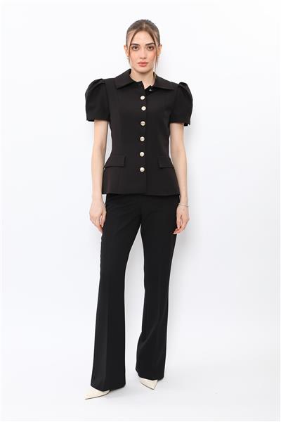 Dik Yaka Kısa Kollu Ceket & Kemerli İspanyol Paça Pantolon-Siyah