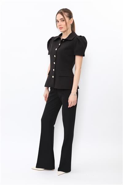 Dik Yaka Kısa Kollu Ceket & Kemerli İspanyol Paça Pantolon-Siyah