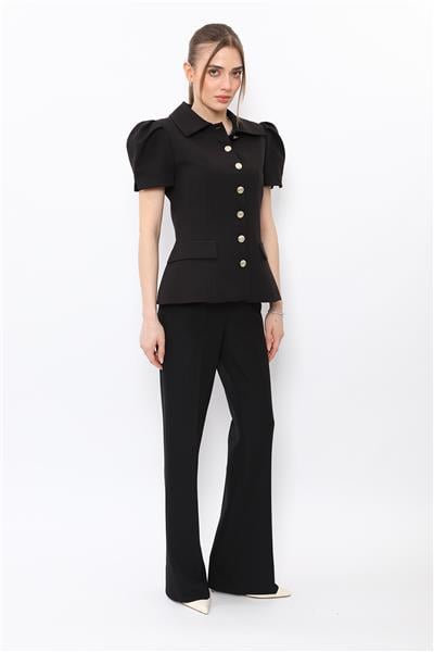 Dik Yaka Kısa Kollu Ceket & Kemerli İspanyol Paça Pantolon-Siyah