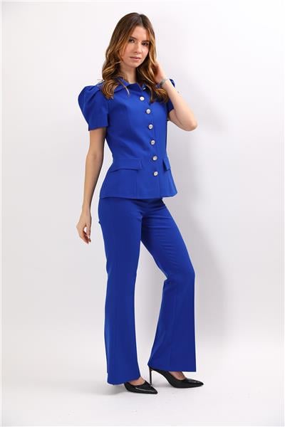 Dik Yaka Kısa Kollu Ceket & Kemerli İspanyol Paça Pantolon-Saks