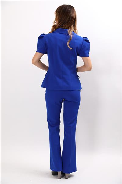 Dik Yaka Kısa Kollu Ceket & Kemerli İspanyol Paça Pantolon-Saks