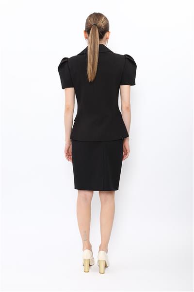 Dik Yaka Kısa Kollu Ceket & Yırtmaçlı Düz Dar Etek-Siyah