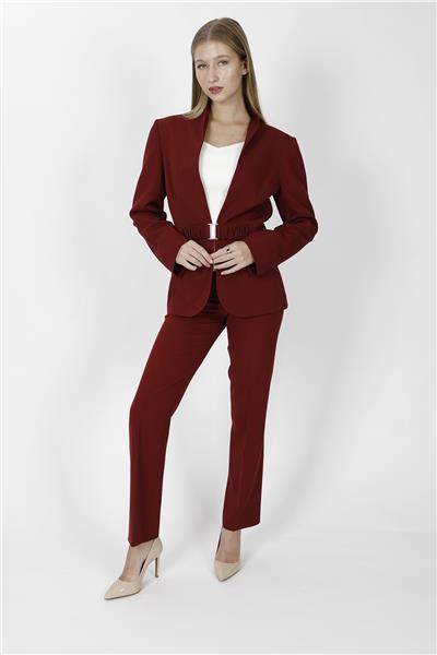 Dik Yaka Modelli Klasik Ceket & Cepli Boru Paça Pantolon Kadın Takım Elbise-Bordo