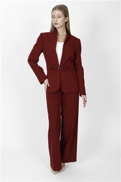 Dik Yaka Modelli Klasik Ceket & Cepli Klasik Palazzo Kadın Pantolon-Bordo