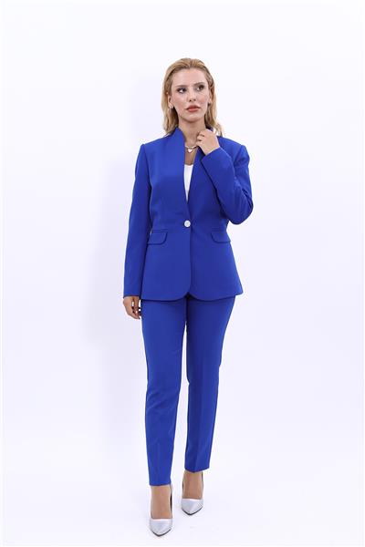 Dik Yaka Tek Düğmeli Klasik Ceket & Dar Paça Pantolon Kadın Takım elbise -Saks