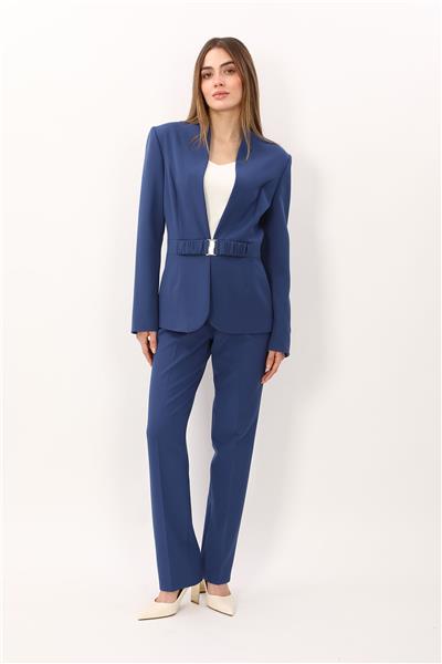 Dik Yaka Tokalı Ceket & Kemerli Boru Paça Pantolon-İndigo