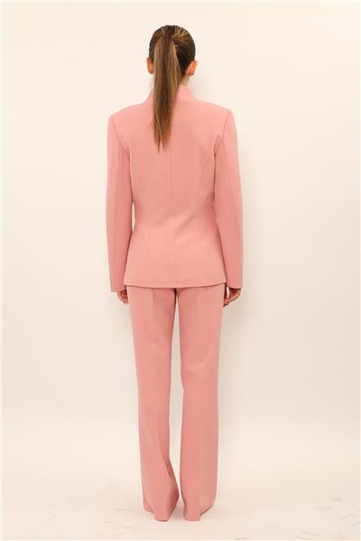 Dik Yaka Tokalı Ceket & Kemerli İspanyol Paça Pantolon-Pudra
