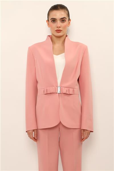 Dik Yaka Tokalı Ceket-Pudra
